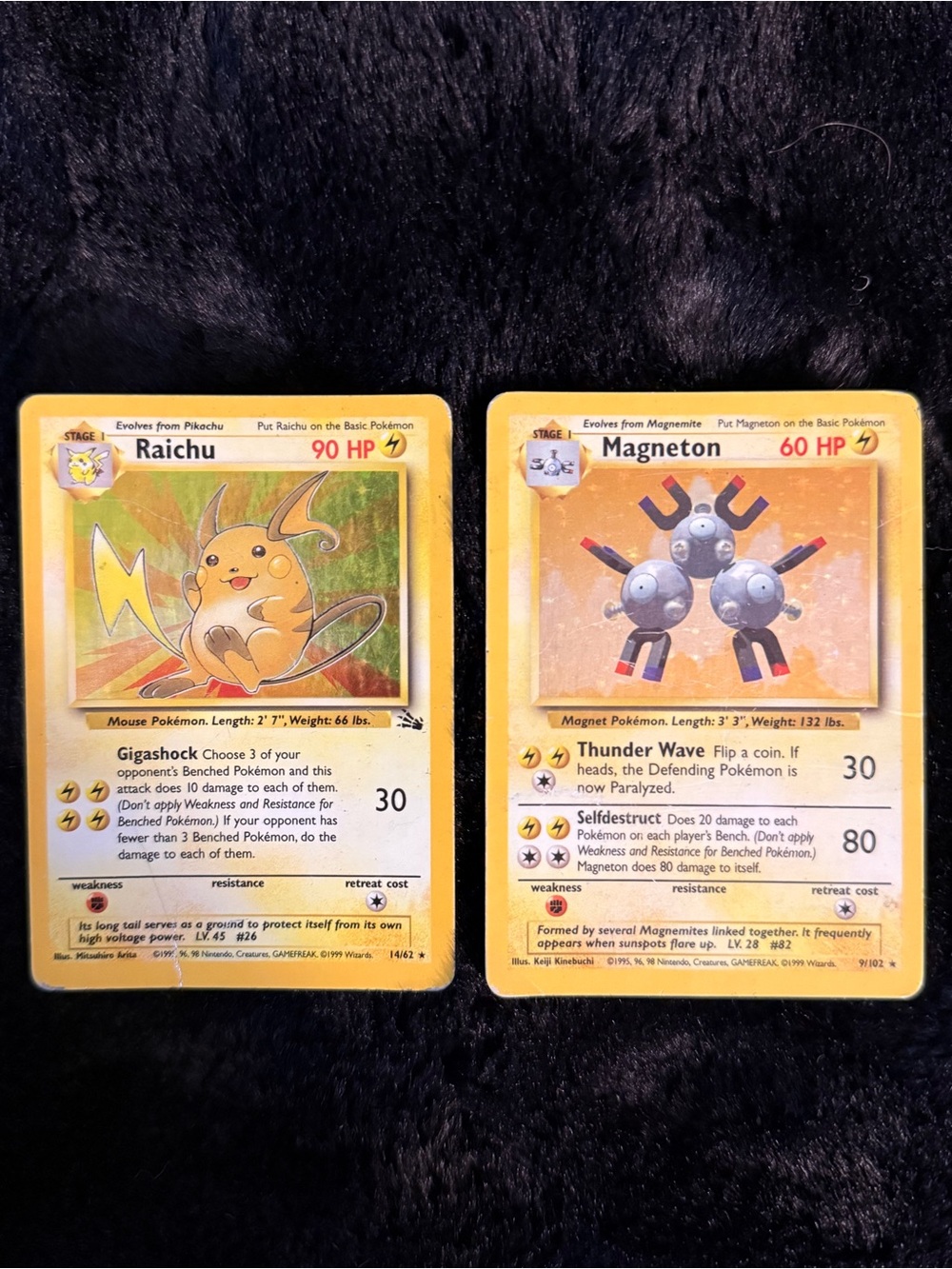 Original 1999 Holo Raichu #14/62 and Holo Magneton #9/102 Pokémon Cards